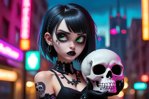 Prompt: Cute Emo girl holding gothic skull, revealing outfit, neon cityscape background, misc-gothic, detailed eyes, professional, atmospheric lighting, highres, gothic style, intense gaze, cute design, city lights casting a neon glow, sleek design, ultra-detailed, cute emo