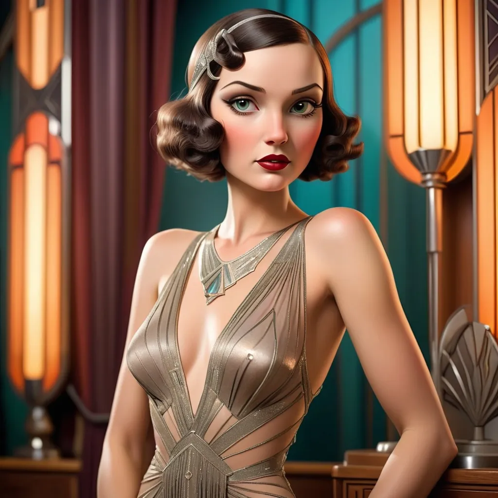 Prompt: Beautiful Art Deco Woman dressed in a beautiful naughty revealing dress at an art deco party Perfectly beautiful highly detailed facial features 