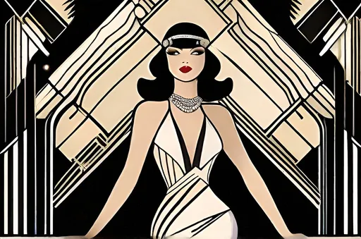 Prompt: Beautiful Art Deco Woman dressed in a beautiful naughty revealing dress at an art deco party Perfectly beautiful highly detailed facial features 