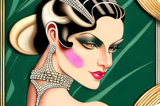 Prompt: Beautiful woman in an art deco party, revealing dress, highly detailed facial features, art deco style, glamorous setting, sophisticated jewelry, sleek hair, elegant makeup, detailed eyes, exquisite lighting, highres, ultra-detailed, art deco, glamorous, detailed facial features, revealing dress, sophisticated, elegant, sleek hair, exquisite lighting