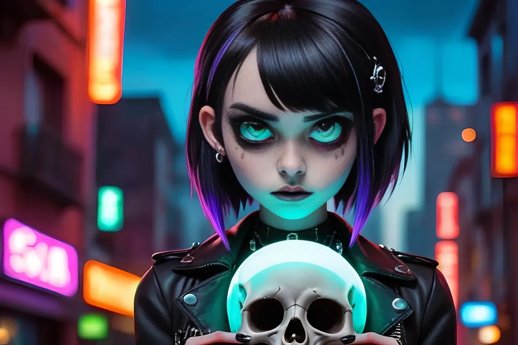 Prompt: Cute Emo girl holding gothic skull, revealing outfit, neon cityscape background, misc-gothic, detailed eyes, professional, atmospheric lighting, highres, gothic style, intense gaze, cute design, city lights casting a neon glow, sleek design, ultra-detailed, cute emo