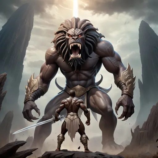 Prompt: An African man standing with fighting gear and sword drawn facing toward a gigantic, tall mystical warrior beast that looks pale called Fallen One or nephilim that looks scary. The backdrop is a mystical dark landscape. Very detailed