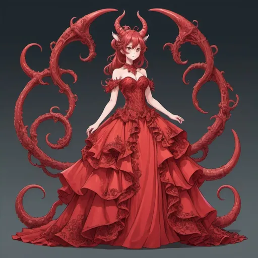 Prompt: Full body anime illustration of a girl with demon horns and tail, wearing a soft beautiful full length scarlet layered ball gown, ornately detailed, highres, anime, intricate design, elegant