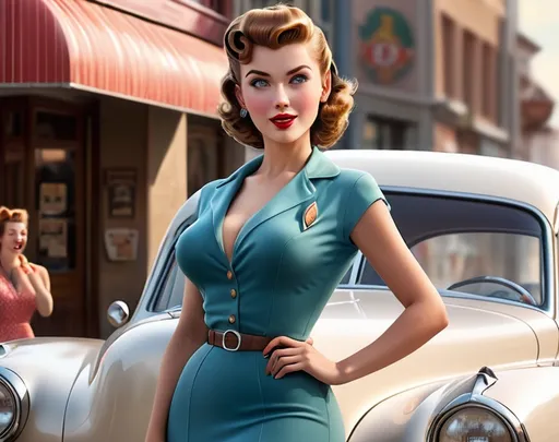 Prompt: Tall young woman, Vintage vibrations, 1 pin-up ((with a car from the 1950's)), (((full body))), (((the entire body))), ((masterpiece)), 8K, 3D, ((extremely detailed)), smooth, high resolution, ultra quality, perfect face, beautiful and very detailed, ultra quality , very detailed eyes, very detailed mouth, perfect eyes, both eyes are the same size, perfect hands, and very detailed, ultra realistic drawing, ultra high resolution, soft saturation, professional quality, perfect contrast, perfect lighting, anatomically correct, long legs, acrylic art, digital painting, high detail, high definition, extremely detailed, photo realistic, ultra realistic, wallpaper, poster, 8k, colorful, very attractive, elegant, beautiful, imperial colors, dynamic lighting, kinematic lighting, kinematic post-processing. 