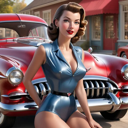 Prompt: Tall young woman, Vintage vibrations, 1 pin-up ((with a car Chevrolet Corvette 1953,  from the 1950's)), (((full body))), (((the entire body))), ((masterpiece)), 8K, 3D, ((extremely detailed)), smooth, high resolution, ultra quality, perfect face, beautiful and very detailed, ultra quality , very detailed eyes, very detailed mouth, perfect eyes, both eyes are the same size, perfect hands, and very detailed, ultra realistic drawing, ultra high resolution, soft saturation, professional quality, perfect contrast, perfect lighting, anatomically correct, long legs, acrylic art, digital painting, high detail, high definition, extremely detailed, photo realistic, ultra realistic, wallpaper, poster, 8k, colorful, very attractive, elegant, beautiful, imperial colors, dynamic lighting, kinematic lighting, kinematic post-processing. 