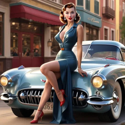 Prompt: Tall young woman, Vintage vibrations, 1 pin-up ((with a car Chevrolet Corvette 1953,  from the 1950's)), (((full body))), (((the entire body))), ((masterpiece)), 8K, 3D, ((extremely detailed)), smooth, high resolution, ultra quality, perfect face, beautiful and very detailed, ultra quality , very detailed eyes, very detailed mouth, perfect eyes, both eyes are the same size, perfect hands, and very detailed, ultra realistic drawing, ultra high resolution, soft saturation, professional quality, perfect contrast, perfect lighting, anatomically correct, long legs, acrylic art, digital painting, high detail, high definition, extremely detailed, photo realistic, ultra realistic, wallpaper, poster, 8k, colorful, very attractive, elegant, beautiful, imperial colors, dynamic lighting, kinematic lighting, kinematic post-processing. 