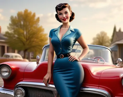 Prompt: Tall young woman, Vintage vibrations, 1 pin-up ((with a car Edsel Pacer convertible, from the 1950's)), (((full body))), (((the entire body))), ((masterpiece)), 8K, 3D, ((extremely detailed)), smooth, high resolution, ultra quality, perfect face, beautiful and very detailed, ultra quality , very detailed eyes, very detailed mouth, perfect eyes, both eyes are the same size, perfect hands, and very detailed, ultra realistic drawing, ultra high resolution, soft saturation, professional quality, perfect contrast, perfect lighting, anatomically correct, long legs, acrylic art, digital painting, high detail, high definition, extremely detailed, photo realistic, ultra realistic, wallpaper, poster, 8k, colorful, very attractive, elegant, beautiful, imperial colors, dynamic lighting, kinematic lighting, kinematic post-processing. 