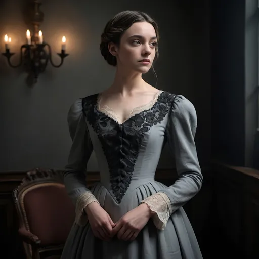 Prompt: <mymodel> full length, Cinematic portrait of Victoria Pedretti in a 1900s austere grey governess' gown, detailed facial features, intricate stitching, quality fabric, black embroidery, dramatic lighting, Victorian, plain gown, high-quality, simple color palette, elaborate background, cinematic lighting