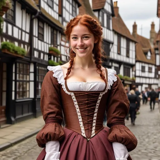 Prompt: wearing Tudor white bodice and brown skirt, 16th century, smiling, standing on 16th century London street, wearing Tudor white bodice and brown skirt, 16th century, smiling,<mymodel>