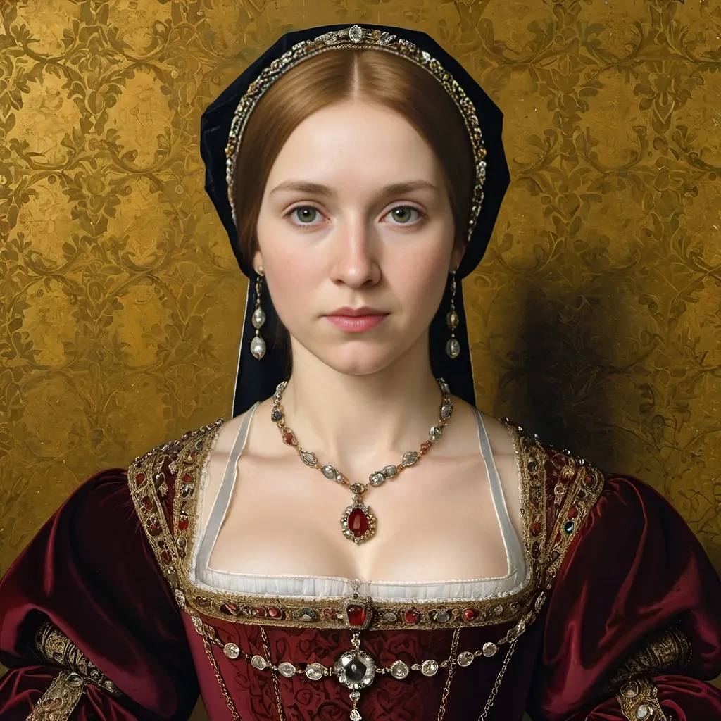 Prompt: Portrait Painting by Hans Holbein, young woman, Tudor, expensive gown and jewels, amazingly intricate, highly detailed background