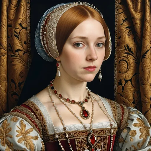 Prompt: Portrait Painting by Hans Holbein, young woman, Tudor, expensive gown and jewels, amazingly intricate  embroidery, highly detailed background