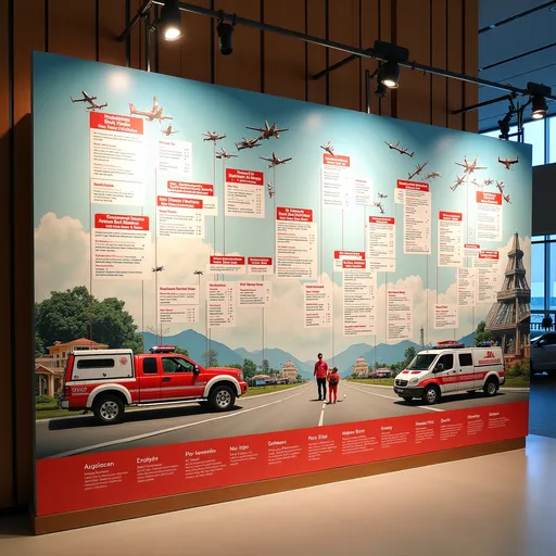 Prompt: Design a nostalgic yet uplifting backdrop that showcases the history and milestones of the Changi Airport Emergency Service Division. The backdrop should feature a visual timeline, seamlessly blending significant milestones, photographs, and achievements of the division over the years. Include iconic elements of Changi Airport such as airplanes, airport emergency vehicles, and rescue operations in action. The design should evoke a sense of pride, progress, and dedication, with a color palette that reflects the airport’s brand and a subtle vintage touch. The overall atmosphere should be professional yet warm, with a mix of historical photos and modern, sleek graphics to represent the evolution of the division. The timeline should be visually engaging and easy to follow, symbolizing the growth and commitment of the emergency service team.