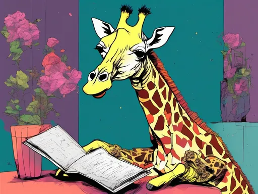 Prompt: A giraffe reading a poetry book 