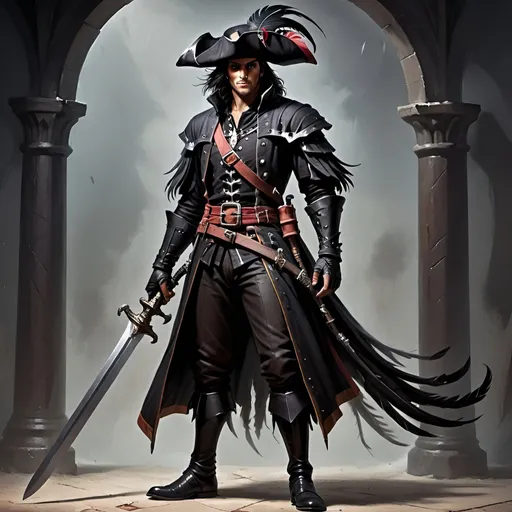 Prompt: Male Human Inquisitor and Dark swashbuckler outfit and Dark Narrow swashbuckler feathered hat and a Long and large sword