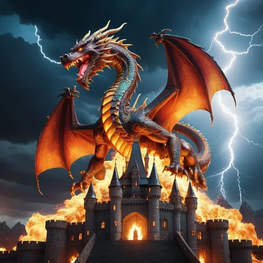 Prompt: Luxurious dragon atop castle, fire-breathing, lightning in background, high quality, detailed, fantasy, vibrant colors, majestic lighting, grand scale, 3D rendering, opulent design, dramatic atmosphere