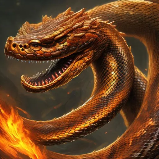 Prompt: Majestic fire-breathing snake, large and coiled, vibrant and beautiful, high-res, digital art, fantasy, fiery tones, intense lighting, detailed scales, mythical creature, mesmerizing eyes, magical atmosphere