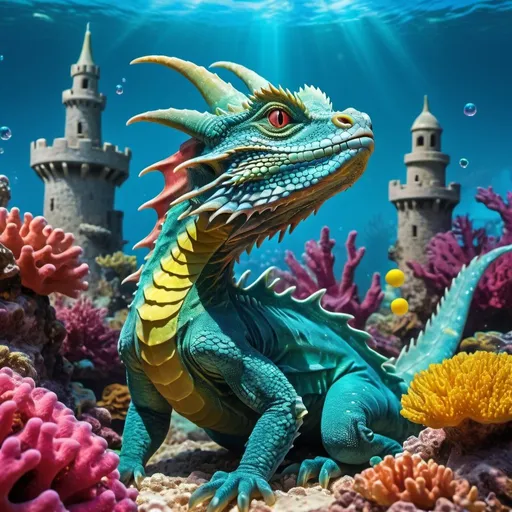 Prompt: Luxurious water dragon on coral reef underwater castle, vibrant aquatic colors, high resolution, detailed scales and eyes, realistic fantasy, majestic pose, clear water bubbles, dynamic ocean currents, colorful marine life, best quality, ultra-detailed, underwater fantasy, vibrant colors, majestic dragon, coral reef castle, dynamic bubbles, ocean currents, marine life