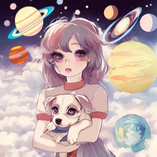 Prompt: marion styled character anime with puppy in a colouful world with planets