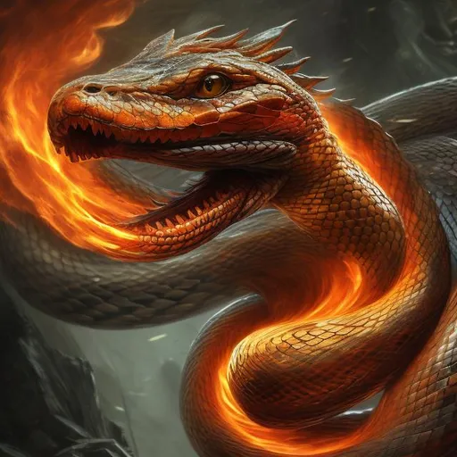 Prompt: Majestic fire-breathing snake, large and coiled, vibrant and beautiful, high-res, digital art, fantasy, fiery tones, intense lighting, detailed scales, mythical creature, mesmerizing eyes, magical atmosphere