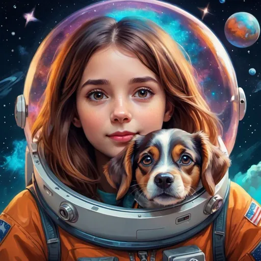 Prompt: Cute brown-haired girl and her dog floating in space, vibrant colors, cosmic background, detailed facial features, high quality, digital art, cute and dreamy style, cosmic colors, glowing stars and galaxies, adorable dog with a space suit, futuristic technology, space exploration, vibrant and dreamy, highres, ultra-detailed, digital art, cute, cosmic, dreamy, detailed facial features, floating, space exploration, vibrant colors, futuristic technology, cosmic background, adorable dog