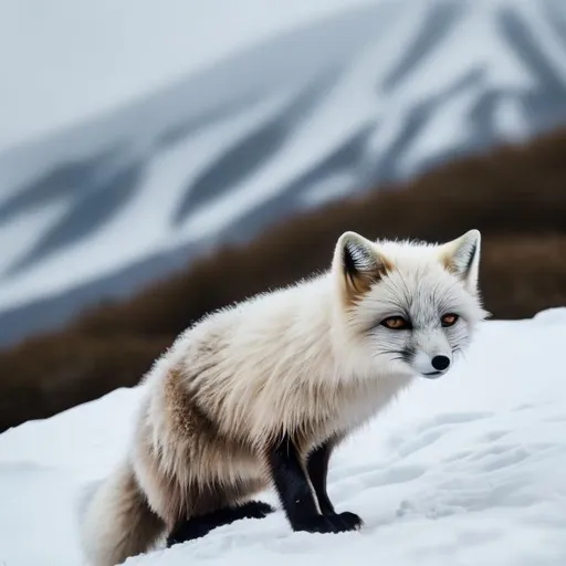 Prompt: Stunning arctic fox on mountain, blowing fur, high quality, realistic, cool tones, detailed fur, snowy landscape, majestic, white fox, mountain setting, natural lighting