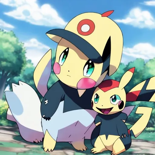 Prompt: pokemon and little boy happy anime in a magical world