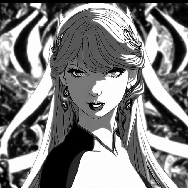 Prompt: taylor swift as an evil empress midnights black and white anime 8k