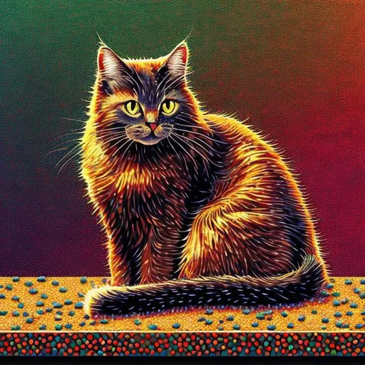 Prompt: Cat sitting on a table, pointillism art style, vibrant colors, detailed fur texture, textured background, high quality, artstyle-pointillism, vibrant colors, detailed fur, textured background, professional, atmospheric lighting