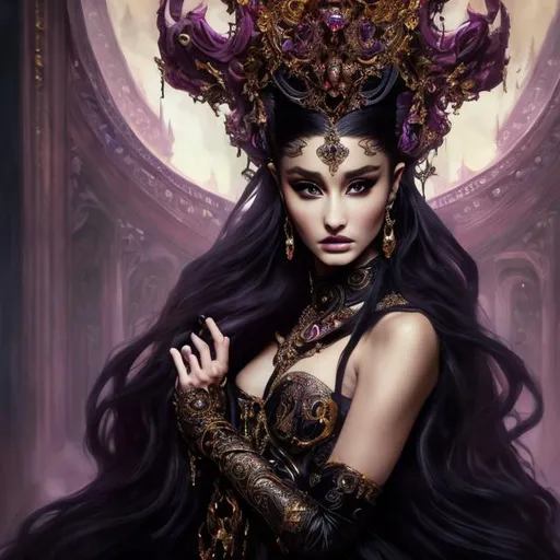 Prompt: A powerful, beautiful evil empress, Ariana Grande, dark and regal, high fashion fantasy portrait, oil painting, vibrant and rich color palette, intense and piercing gaze, flowing dark robes, detailed ornate crown, majestic and confident pose, high quality, oil painting, regal fantasy, vibrant colors, intense gaze, flowing robes, ornate crown, confident pose, fantasy art, professional lighting