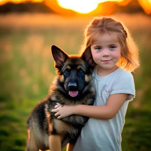 Prompt: llittle girl with german shepard puppy at a sunrise 2k