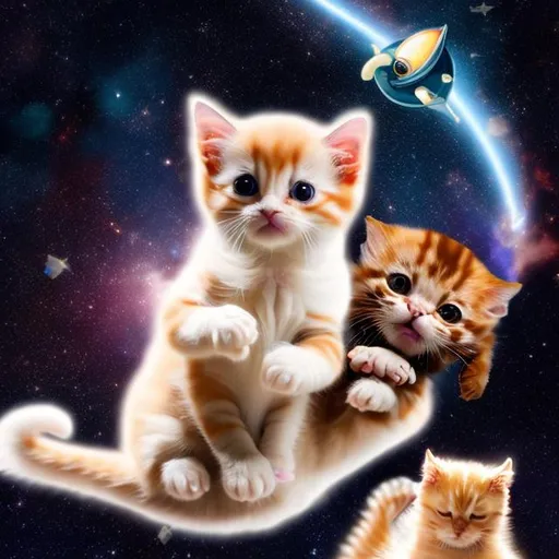 Prompt: finger kitten with ginger puppy in space with stars 6k
