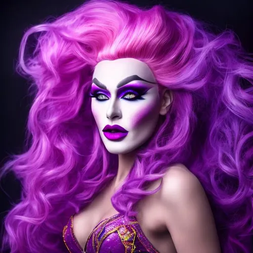 Prompt: Realistic drag queen with vibrant pink and purple makeup, high quality, 4k resolution, glamorous stage performance, detailed facial features, dramatic lighting, professional makeup, elaborate costume, vibrant colors, realistic, high-res, stage performance, detailed makeup, glamorous lighting, dramatic colors