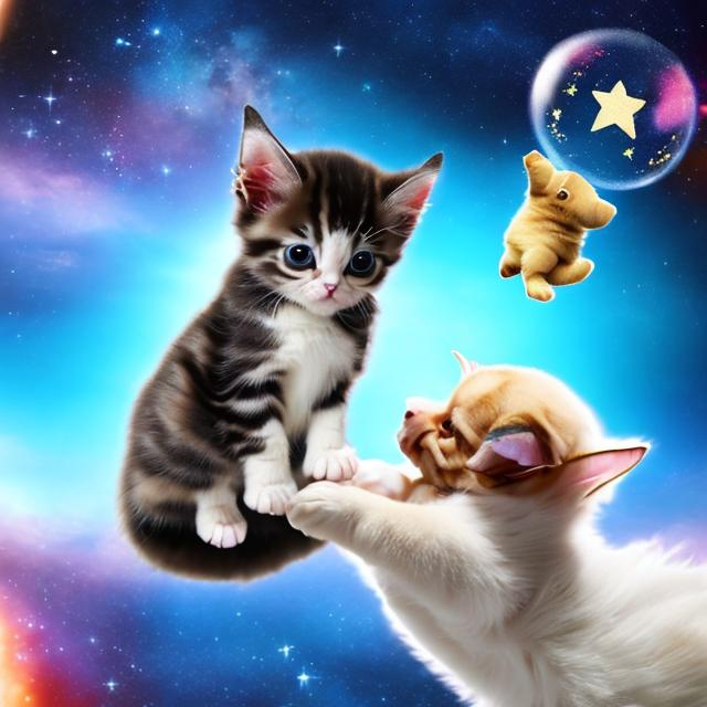 Prompt: finger kitten with  puppy in space with stars 6k