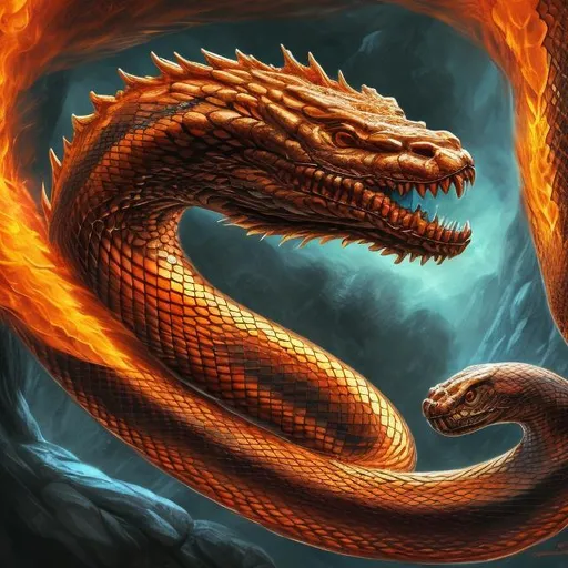 Prompt: Majestic fire-breathing snake, large and coiled, vibrant and beautiful, high-res, digital art, fantasy, fiery tones, intense lighting, detailed scales, mythical creature, mesmerizing eyes, magical atmosphere