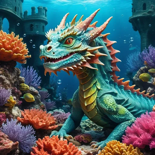 Prompt: Luxurious water dragon on coral reef underwater castle, vibrant aquatic colors, high resolution, detailed scales and eyes, realistic fantasy, majestic pose, clear water bubbles, dynamic ocean currents, colorful marine life, best quality, ultra-detailed, underwater fantasy, vibrant colors, majestic dragon, coral reef castle, dynamic bubbles, ocean currents, marine life