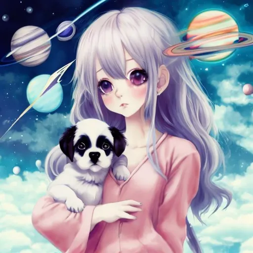 Prompt: marion styled character anime with puppy in a colouful world with planets