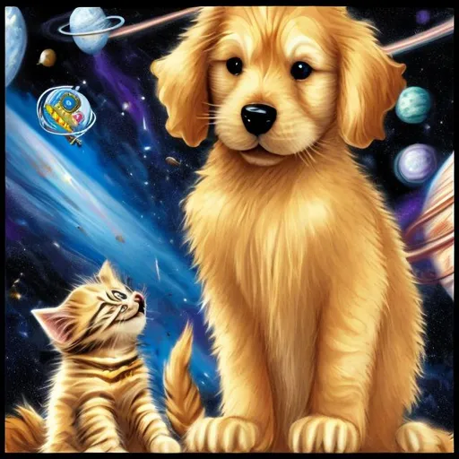 Prompt: shaggy golden retriever in space with kitten 7k
