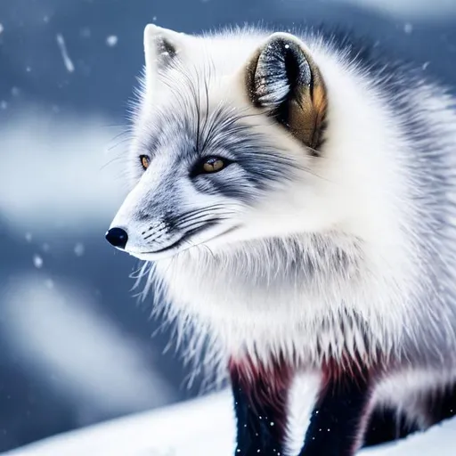 Prompt: Stunning arctic fox on mountain, blowing fur, high quality, realistic, cool tones, detailed fur, snowy landscape, majestic, white fox, mountain setting, natural lighting