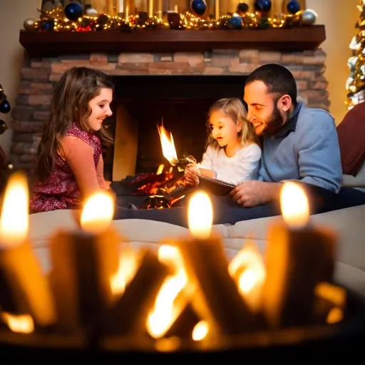 Prompt: hannukah family around fireplace son and daughter 6k