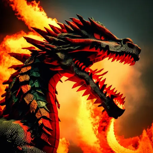 Prompt: dragon breathing fire that's red, orange , yellow and black