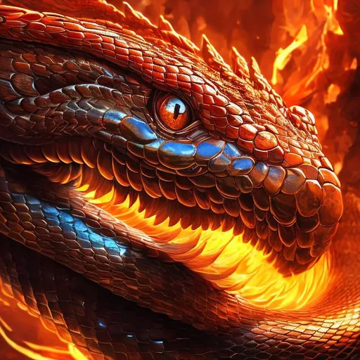 Prompt: Majestic fire-breathing snake, large and coiled, vibrant and beautiful, high-res, digital art, fantasy, fiery tones, intense lighting, detailed scales, mythical creature, mesmerizing eyes, magical atmosphere