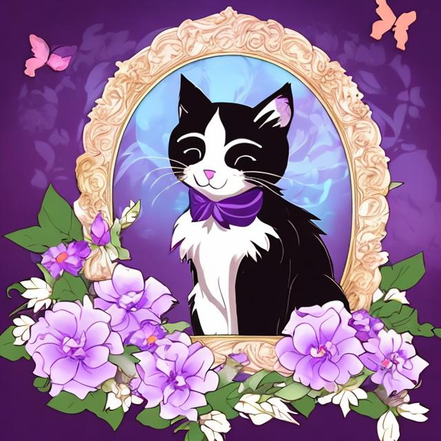 Prompt: cat in flower frame anime 2k purple