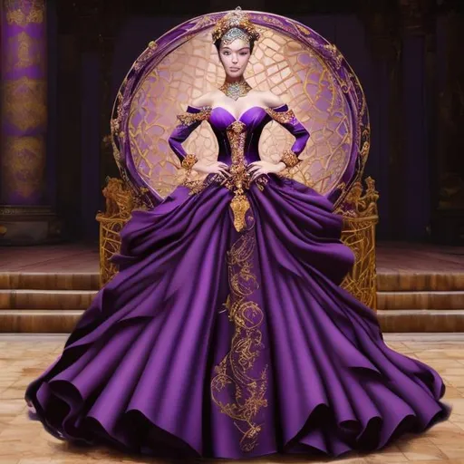 Prompt: powerful empress in purple ball gown, beautiful, tall, brown hair