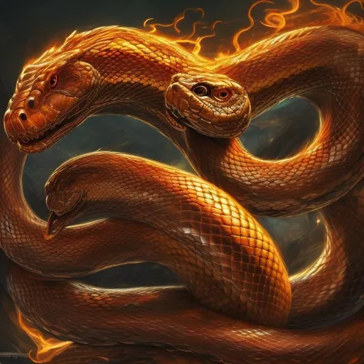 Prompt: Majestic fire-breathing snake, large and coiled, vibrant and beautiful, high-res, digital art, fantasy, fiery tones, intense lighting, detailed scales, mythical creature, mesmerizing eyes, magical atmosphere