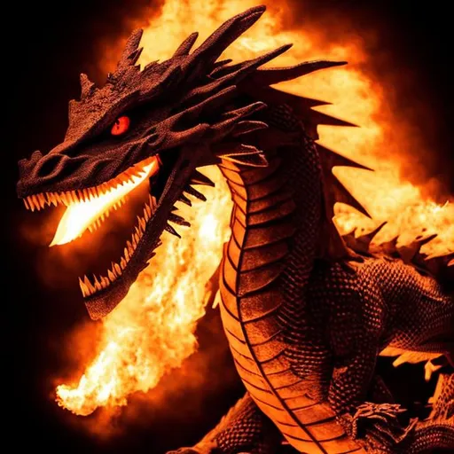 Prompt: dragon breathing fire that's red, orange , yellow and black