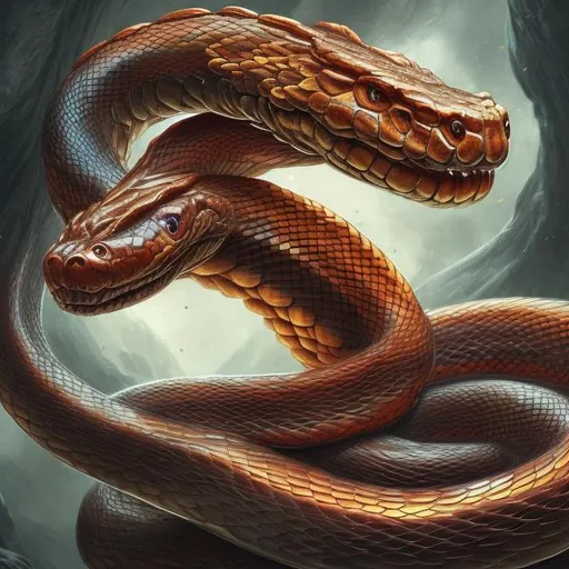 Prompt: Majestic fire-breathing snake, large and coiled, vibrant and beautiful, high-res, digital art, fantasy, fiery tones, intense lighting, detailed scales, mythical creature, mesmerizing eyes, magical atmosphere