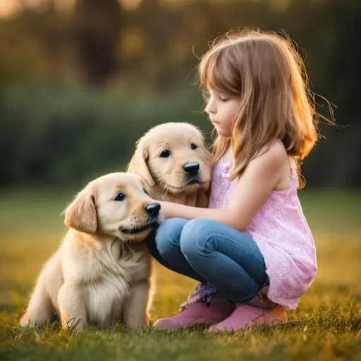 Prompt: little beautiful girl with golden retriever puppy 2k