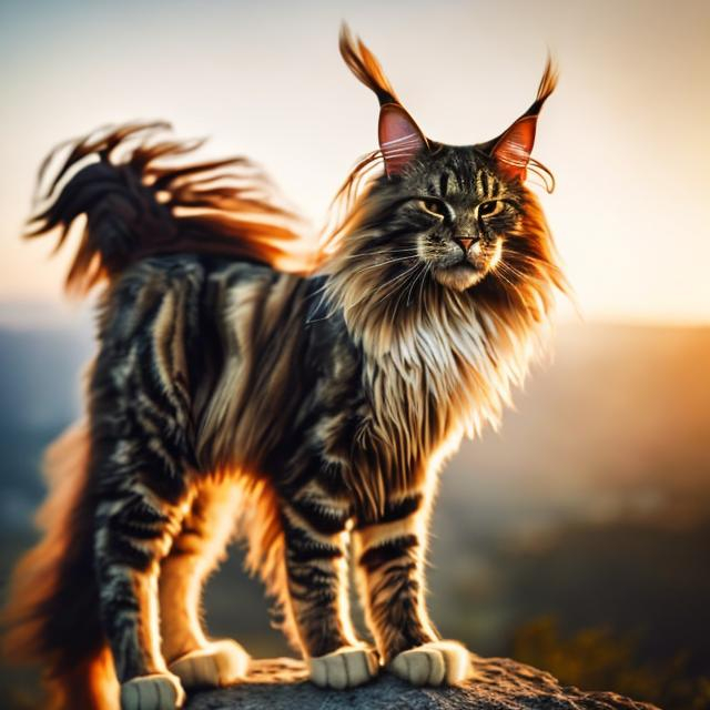 Prompt: a Maine coon with brown fur, yellow eyes, long tall, standing up on a moutain with wind blowing her.  sunset with Human baby gril