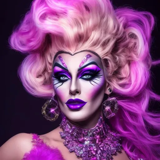 Prompt: Realistic drag queen with vibrant pink and purple makeup, high quality, 4k resolution, glamorous stage performance, detailed facial features, dramatic lighting, professional makeup, elaborate costume, vibrant colors, realistic, high-res, stage performance, detailed makeup, glamorous lighting, dramatic colors
