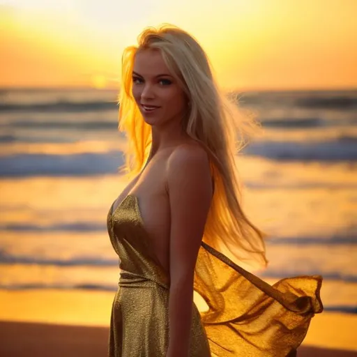 Prompt: blonde in a golden dress at a sunset on a beach